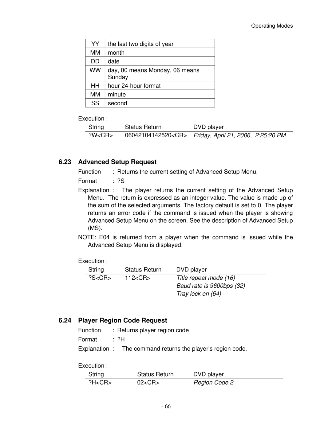 Pioneer V8000 manual Advanced Setup Request, Player Region Code Request 