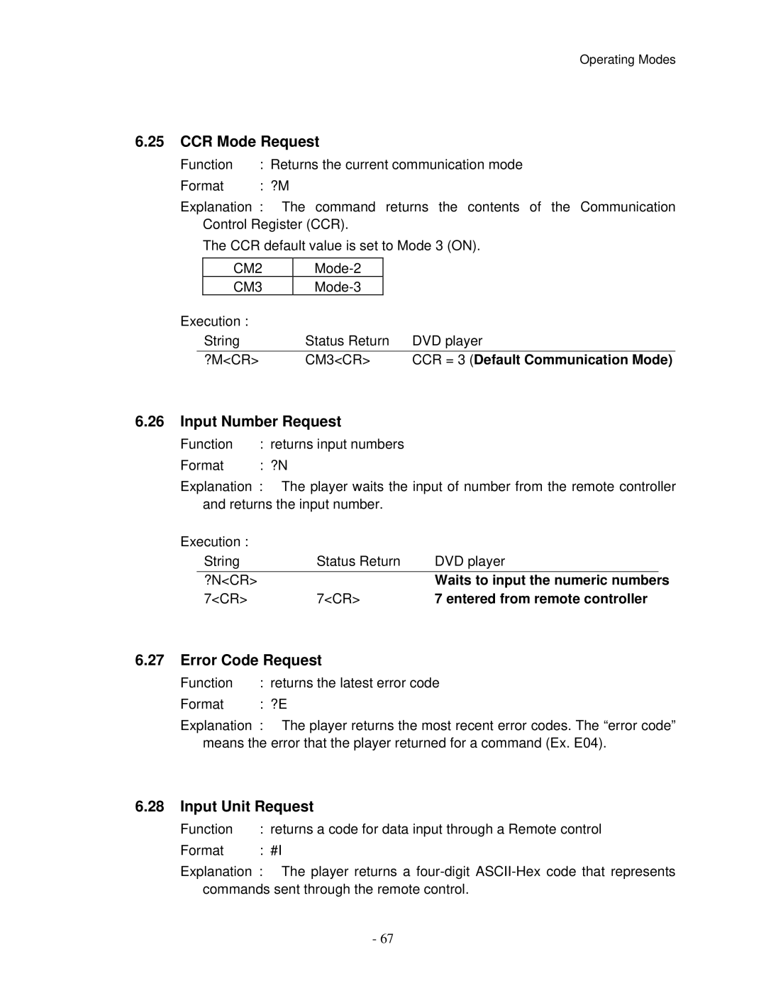 Pioneer V8000 manual CCR Mode Request, Input Number Request, Error Code Request, Input Unit Request 