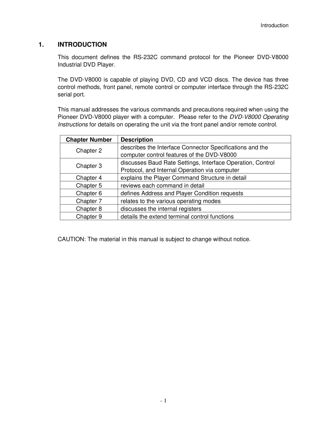 Pioneer V8000 manual Introduction, Chapter Number Description 