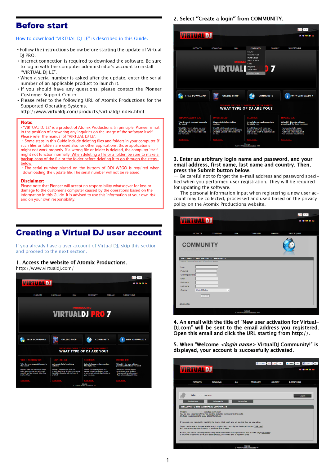 Pioneer Virtual DJ LE manual Before start, Creating a Virtual DJ user account 