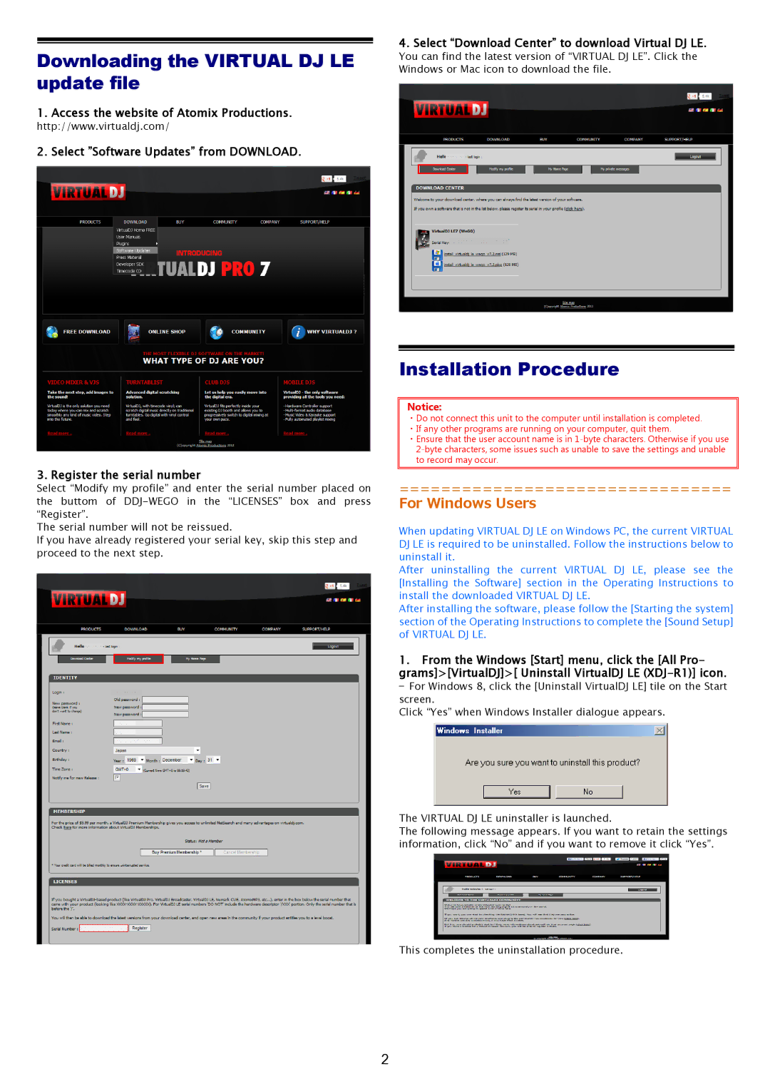 Pioneer manual Downloading the Virtual DJ LE update file, Installation Procedure, For Windows Users 