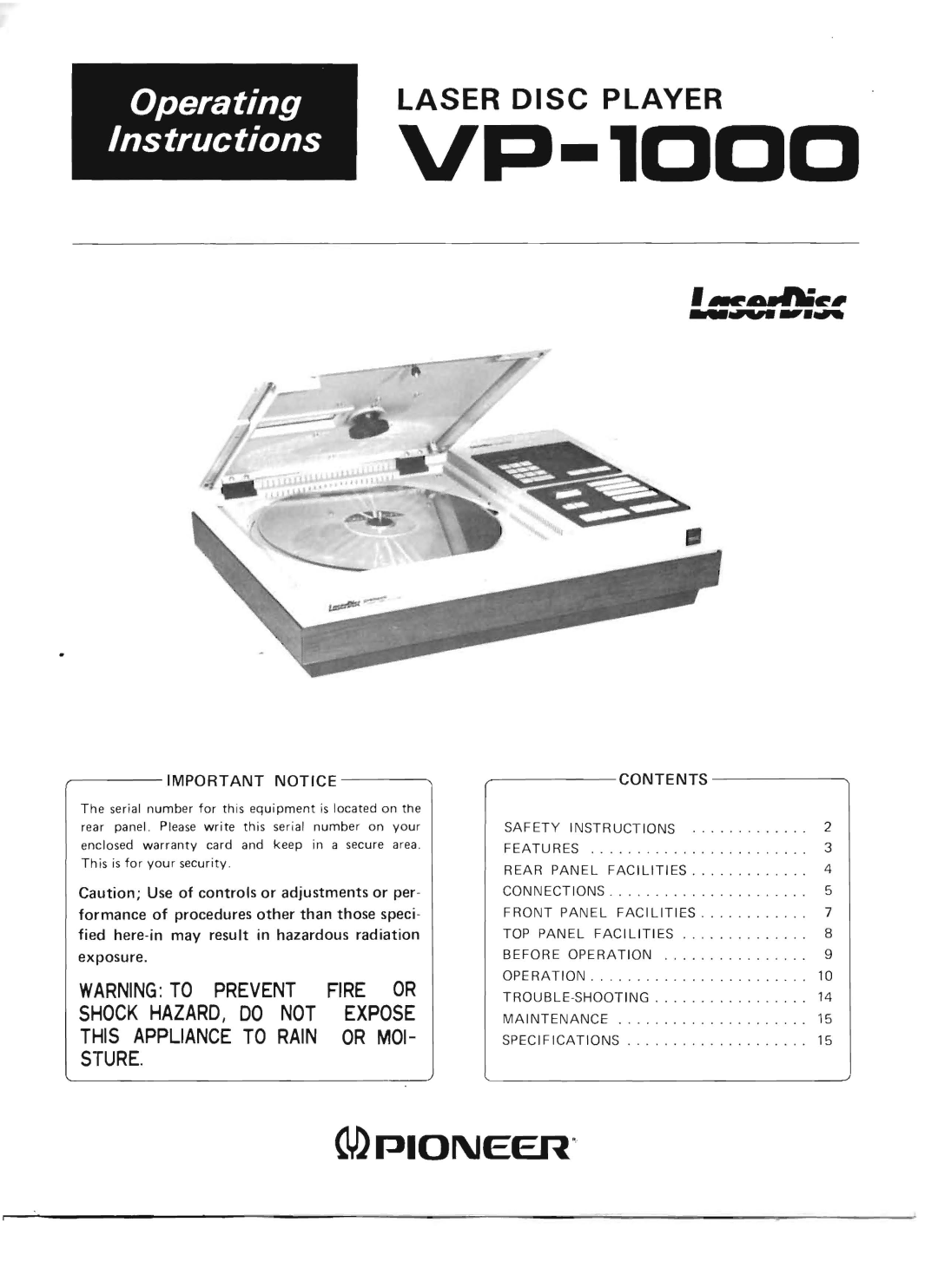 Pioneer VP-1000 warranty Instructions VP-l000 