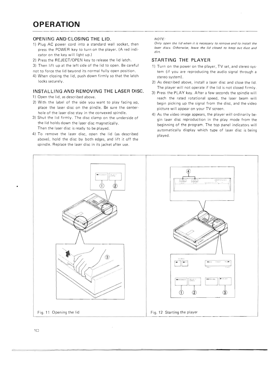 Pioneer VP-1000 Operation, Open ING and Closing the LID, Installing and Removing the Laser Disc, Starting the Player 