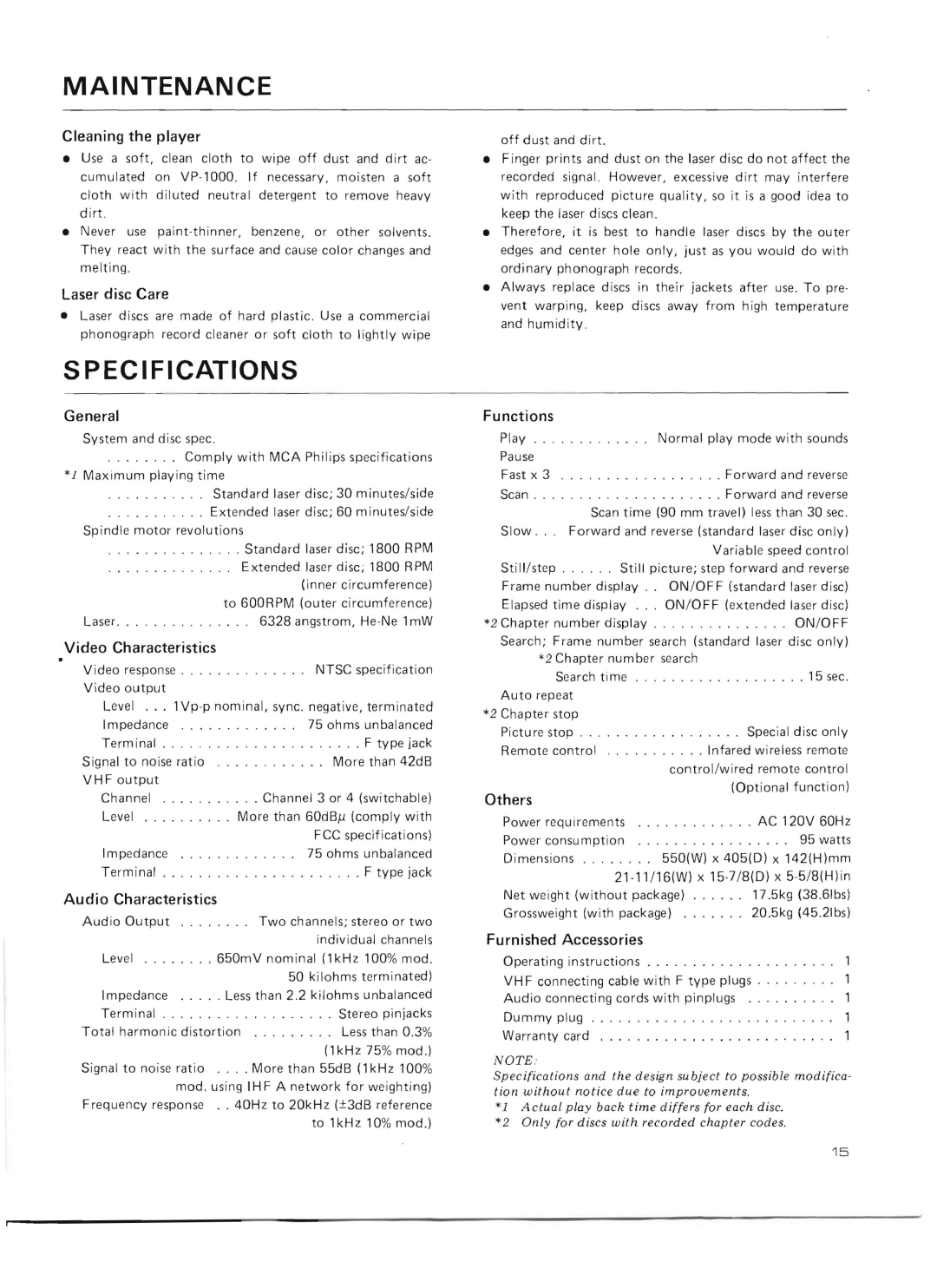 Pioneer VP-1000 warranty Maintenance, Specifications 