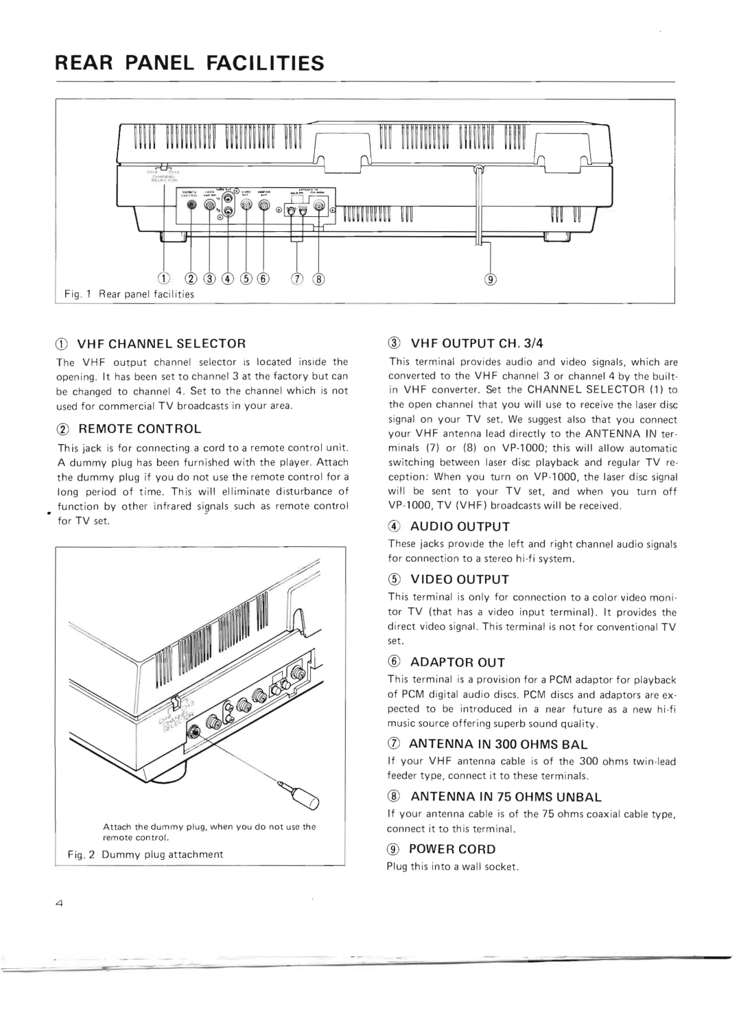 Pioneer VP-1000 warranty Rear Panel Facilities 