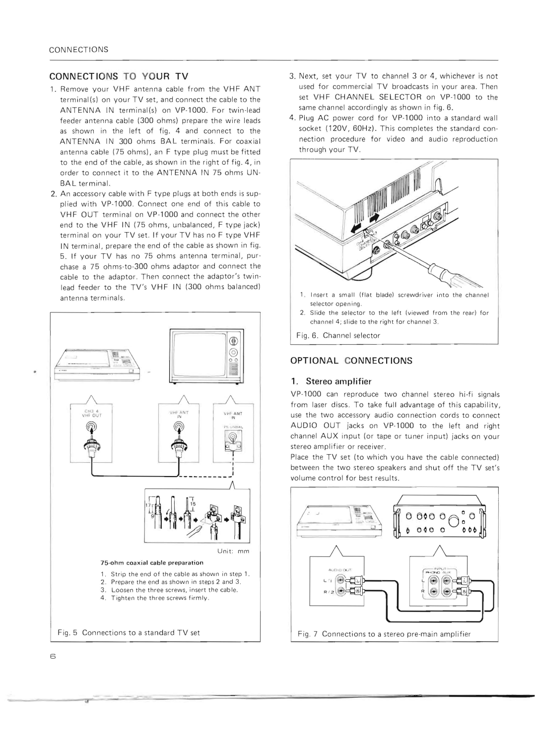 Pioneer VP-1000 warranty Connections to Y OUR TV, Optional Connections 