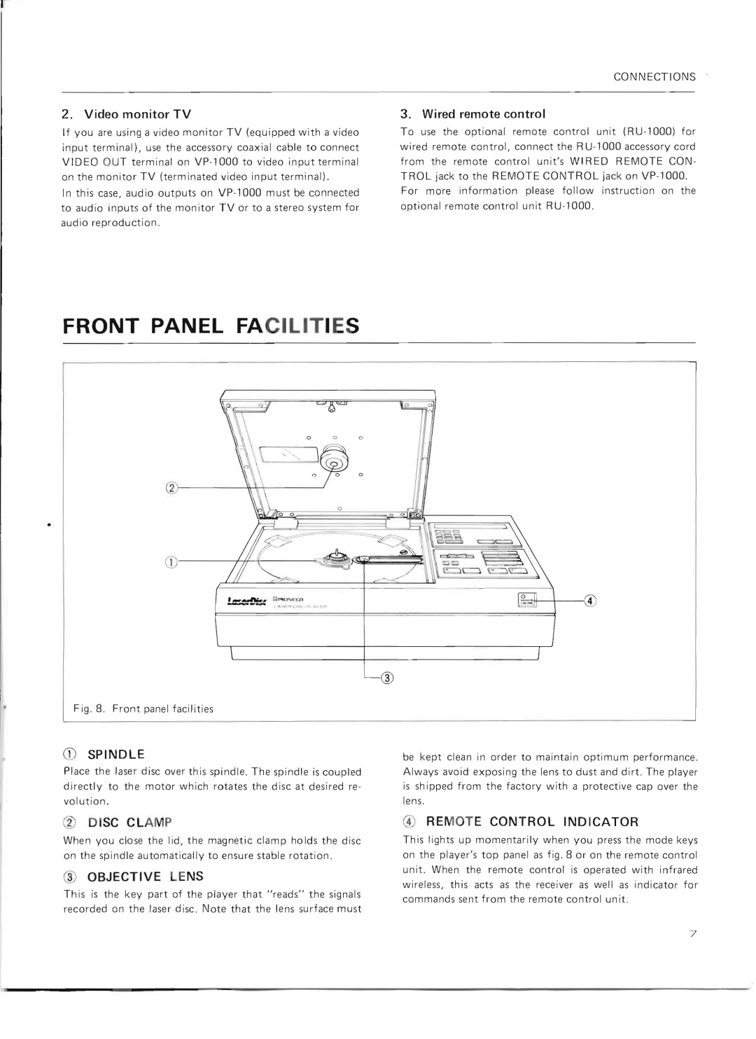 Pioneer VP-1000 warranty Front Panel Faci Lities, CD Spindle, Di Sc Cla Mp, Objective LE NS, @ RE MOT E Control Indicator 