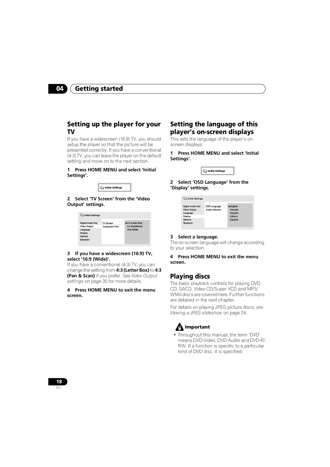 Pioneer VRB1332-A Getting started Setting up the player for your, Setting the language of this player’s on-screen displays 