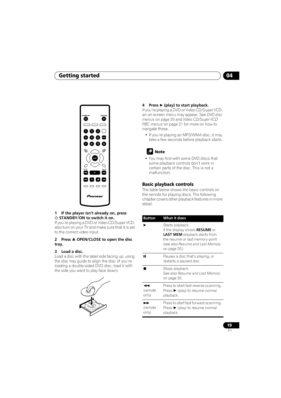 Pioneer VRB1332-A Getting started, Basic playback controls, Press OPEN/CLOSE to open the disc tray Load a disc 