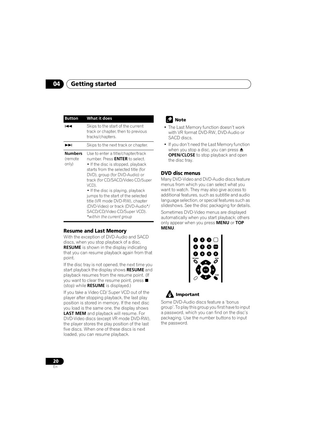 Pioneer VRB1332-A operating instructions Resume and Last Memory, DVD disc menus, Numbers 