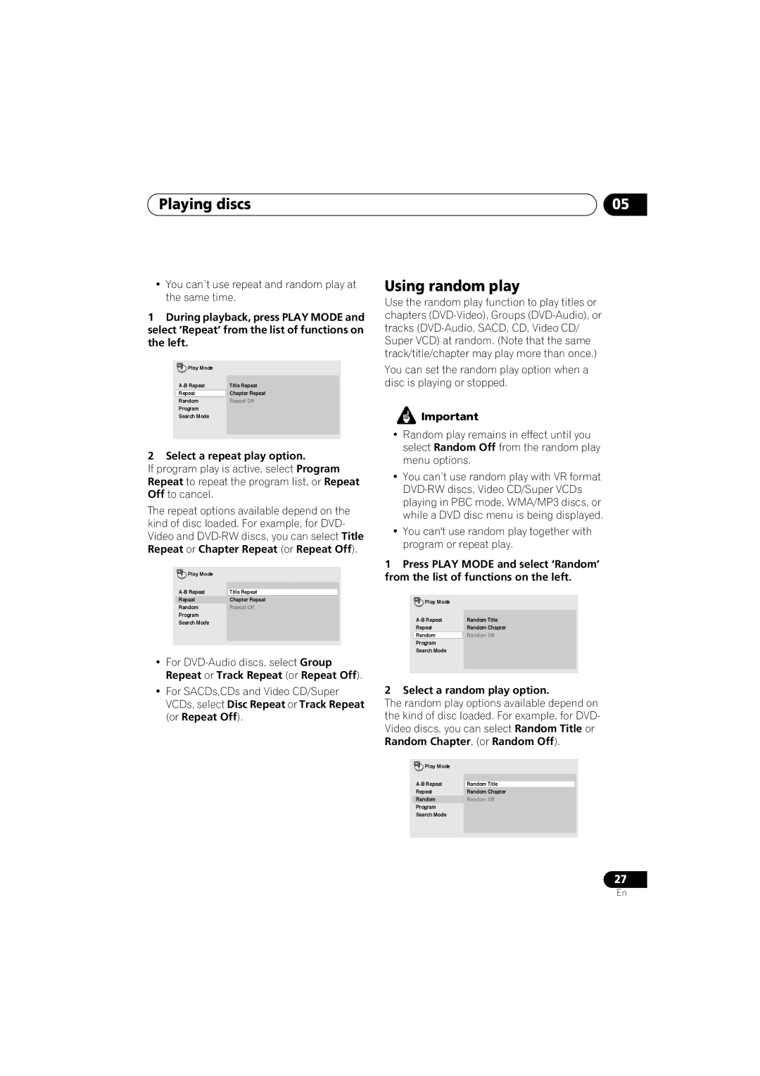 Pioneer VRB1332-A operating instructions Using random play, Select a repeat play option, Select a random play option 