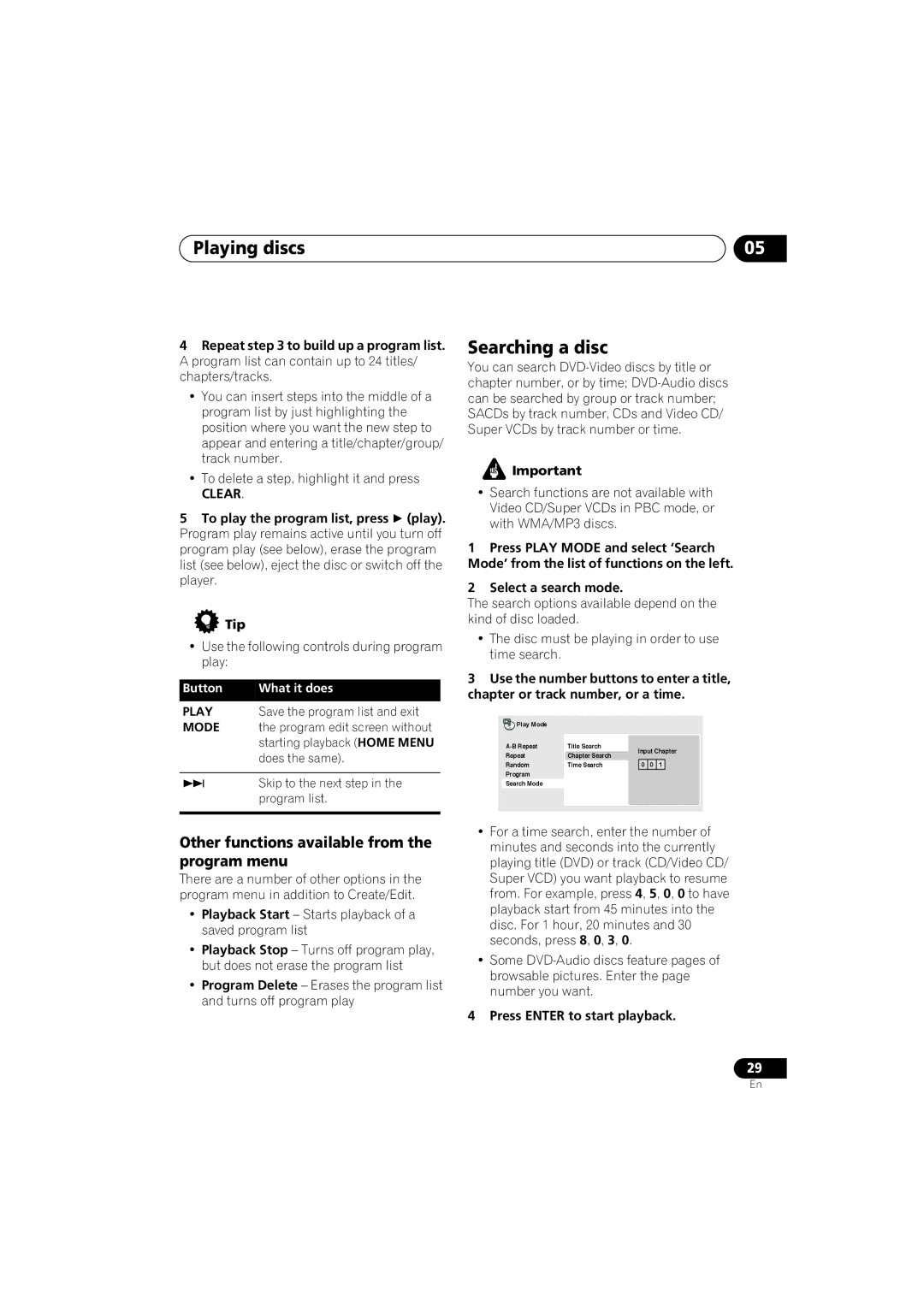 Pioneer VRB1332-A operating instructions Searching a disc, Other functions available from the program menu, Play, Mode 