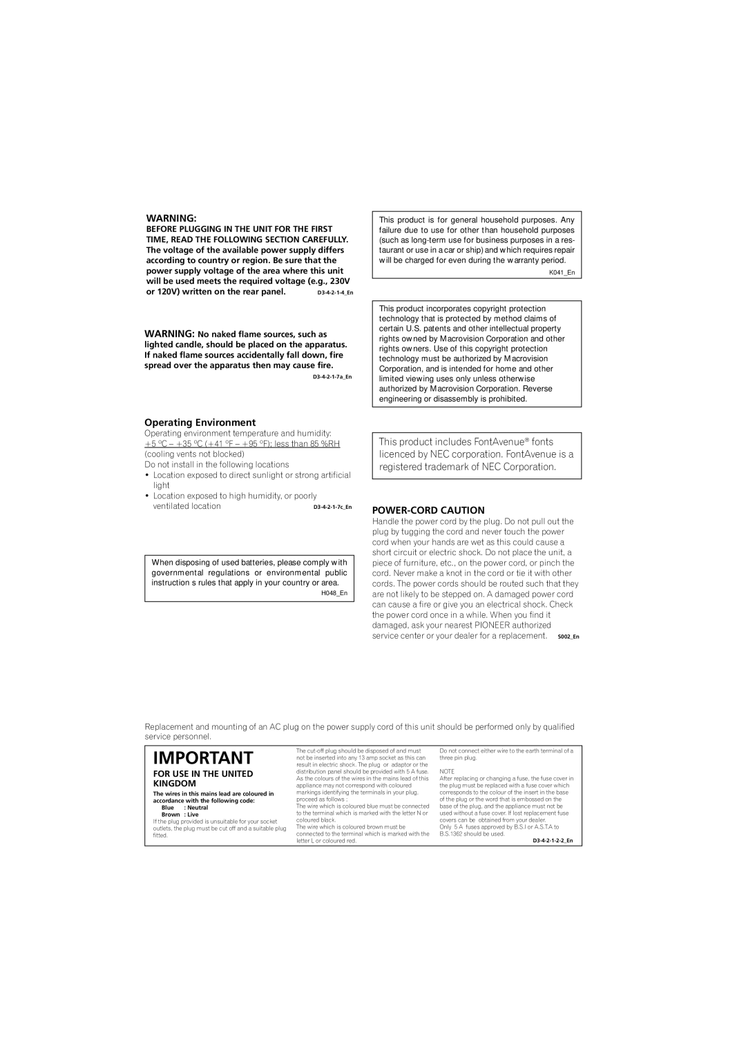 Pioneer VRB1332-A operating instructions Operating Environment, POWER-CORD Caution 