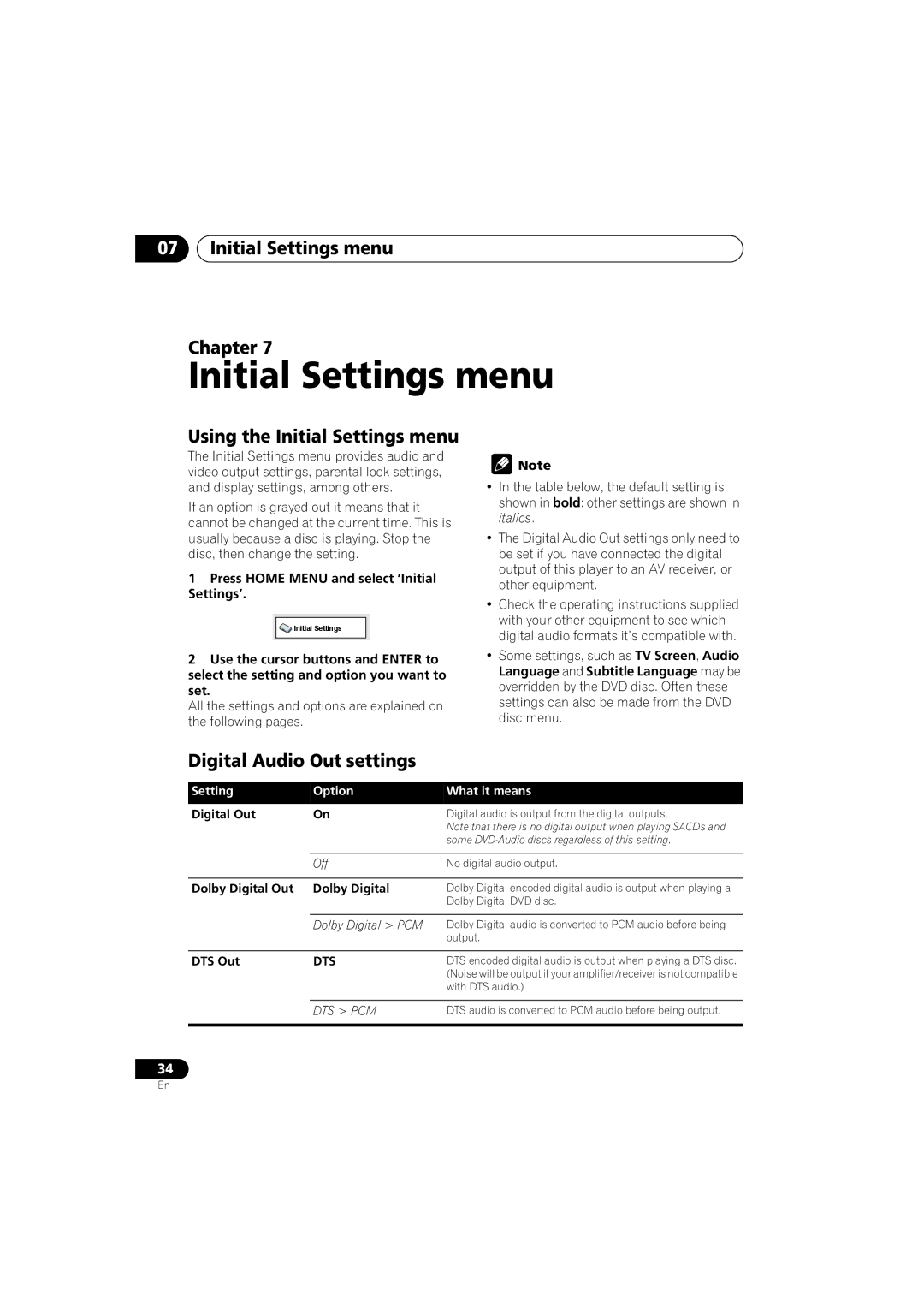 Pioneer VRB1332-A Initial Settings menu Chapter, Using the Initial Settings menu, Digital Audio Out settings, Dts 