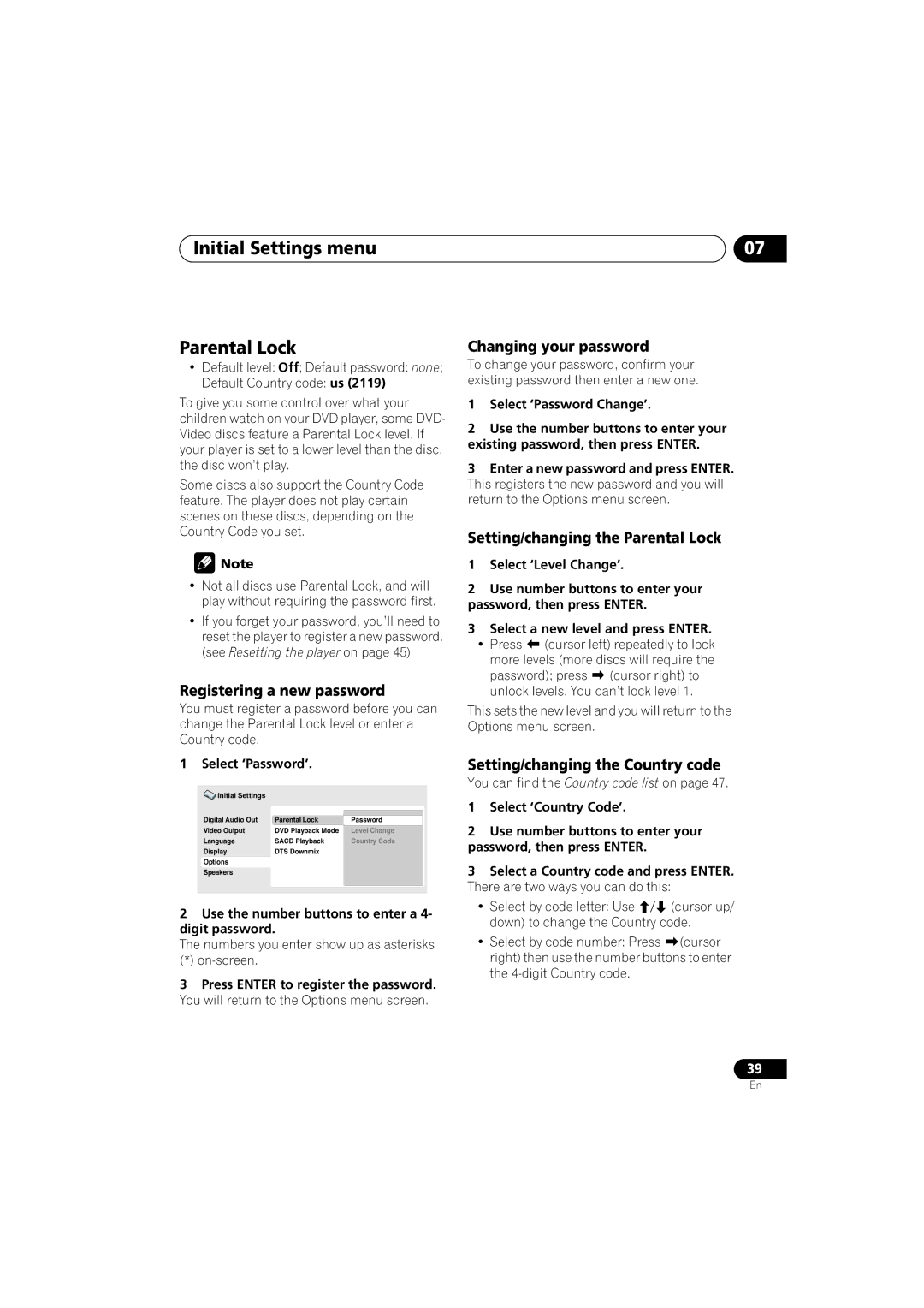 Pioneer VRB1332-A Initial Settings menu Parental Lock, Registering a new password, Changing your password 