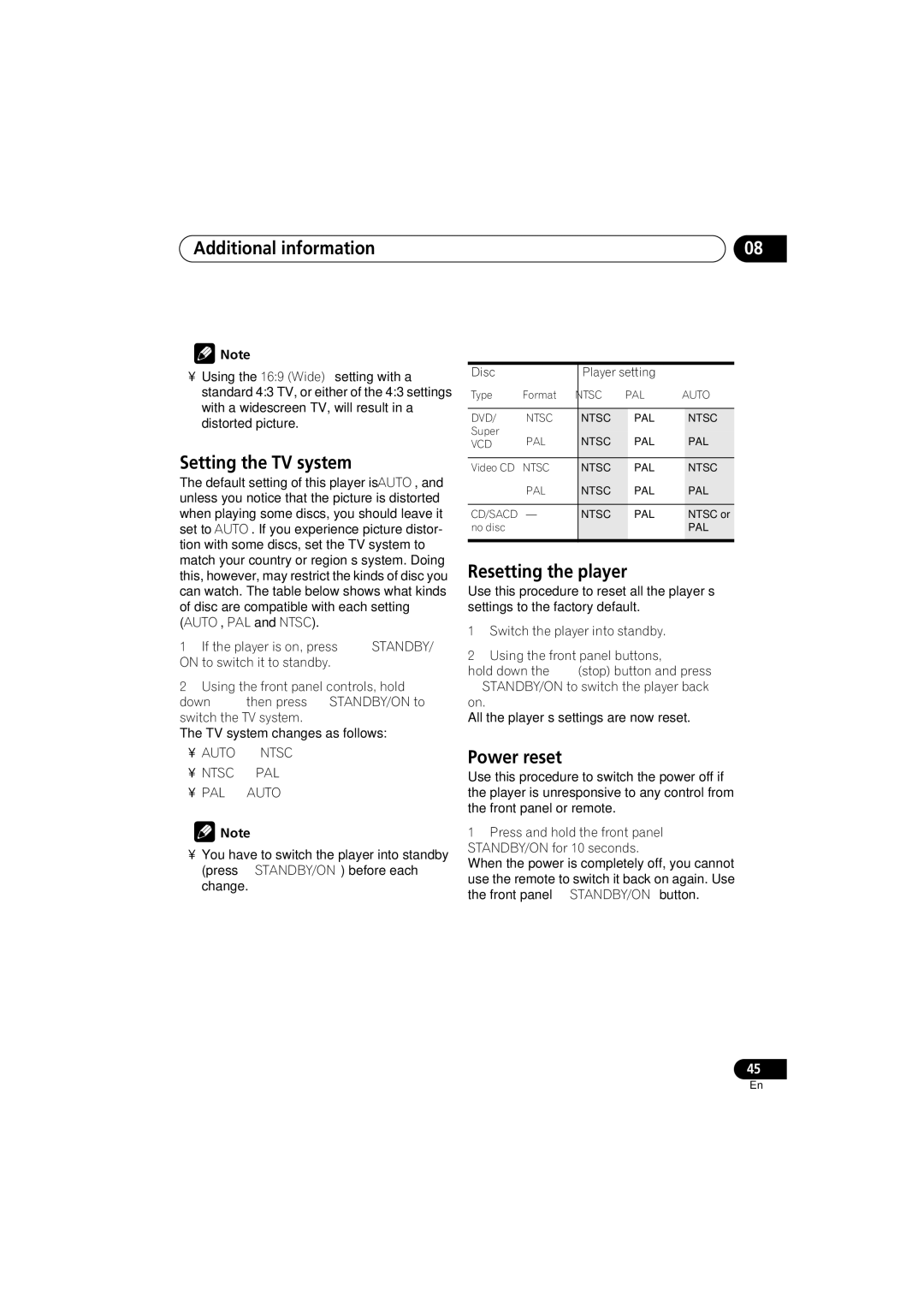 Pioneer VRB1332-A operating instructions Setting the TV system, Resetting the player, Power reset, Auto, Ntsc 