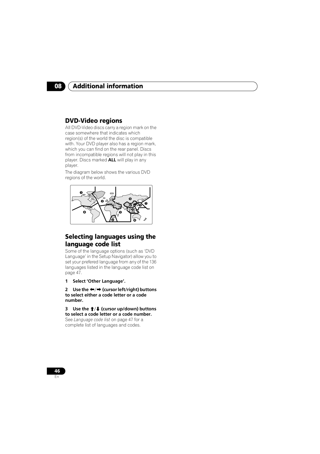 Pioneer VRB1332-A Additional information DVD-Video regions, Selecting languages using the language code list 