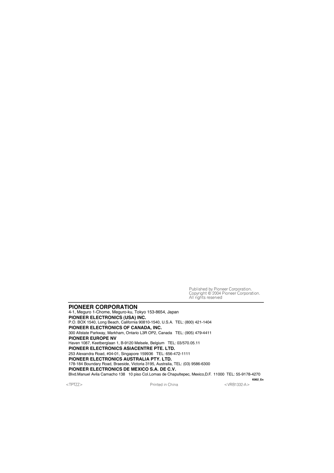 Pioneer VRB1332-A operating instructions Pioneer Corporation 