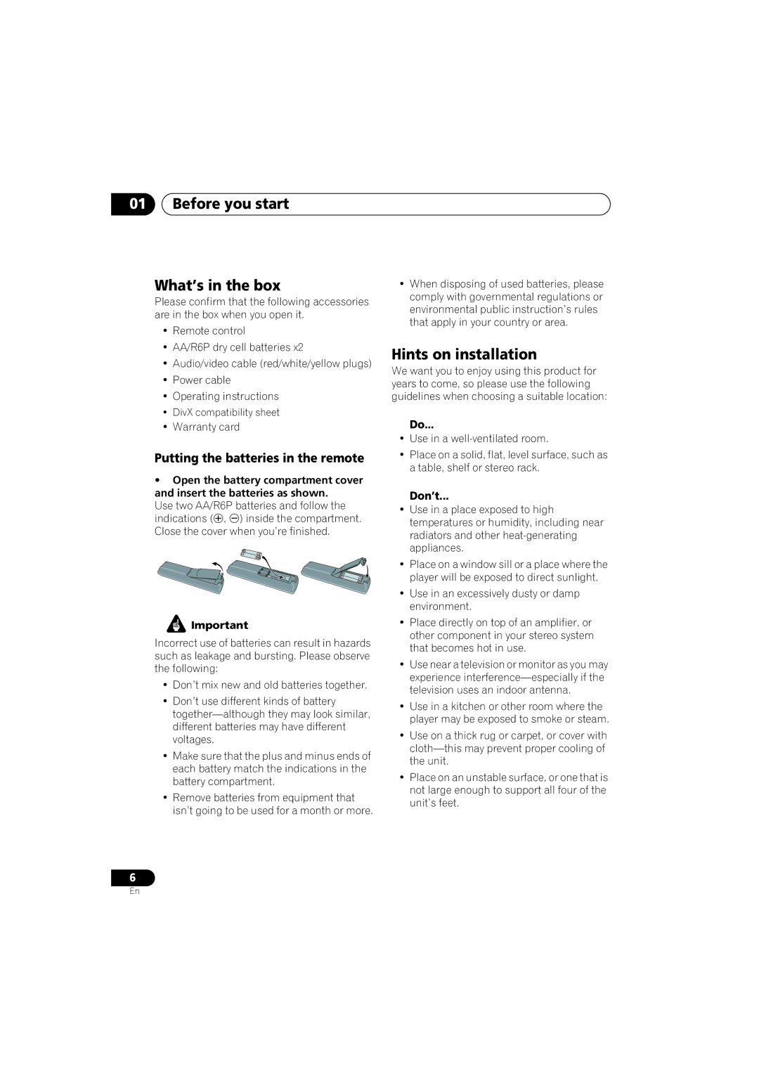 Pioneer VRB1332-A Before you start What’s in the box, Hints on installation, Putting the batteries in the remote 