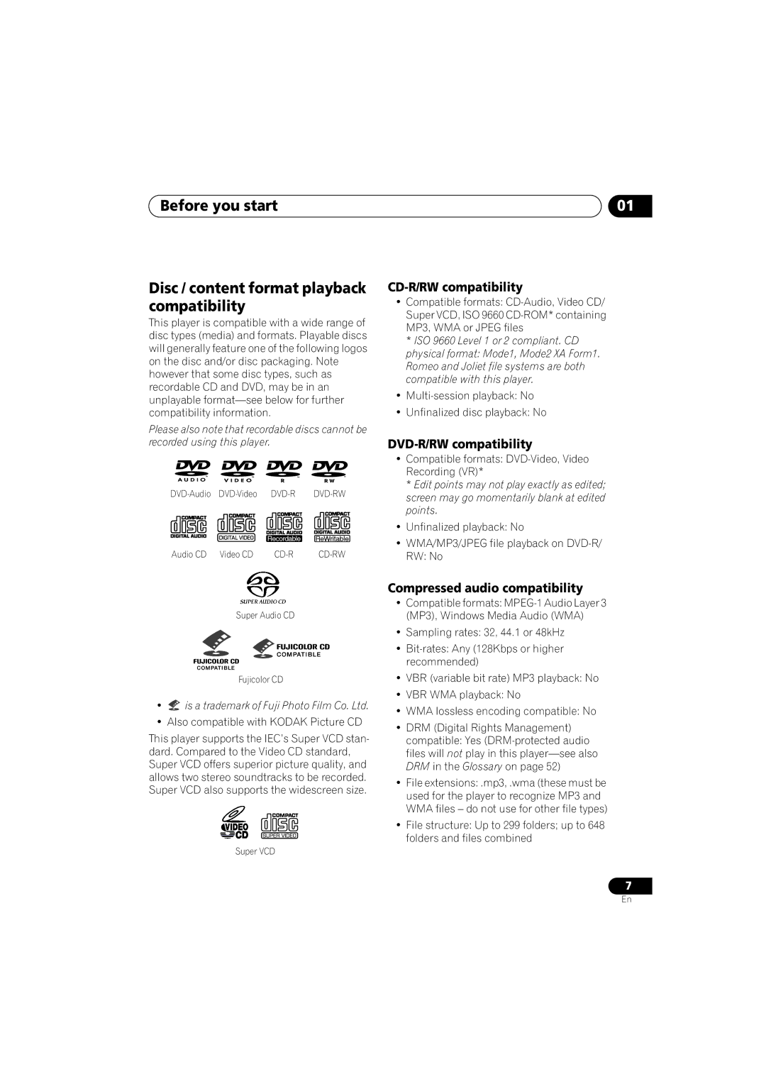 Pioneer VRB1332-A operating instructions CD-R/RW compatibility, DVD-R/RW compatibility, Compressed audio compatibility 