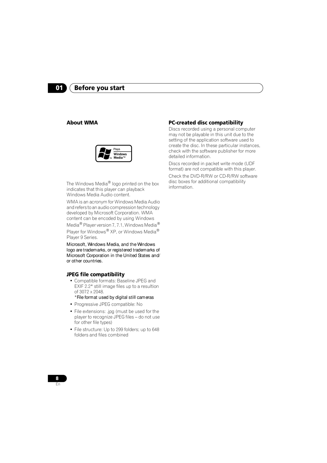 Pioneer VRB1332-A Before you start, About WMA, Jpeg file compatibility, PC-created disc compatibility 