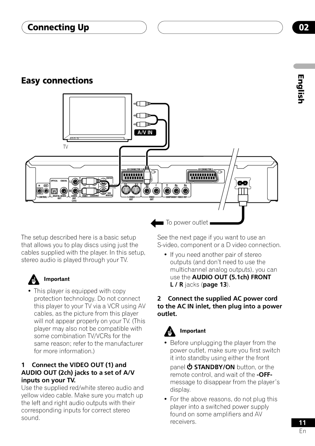 Pioneer VRD1160-A operating instructions Connecting Up Easy connections, English, To power outlet 