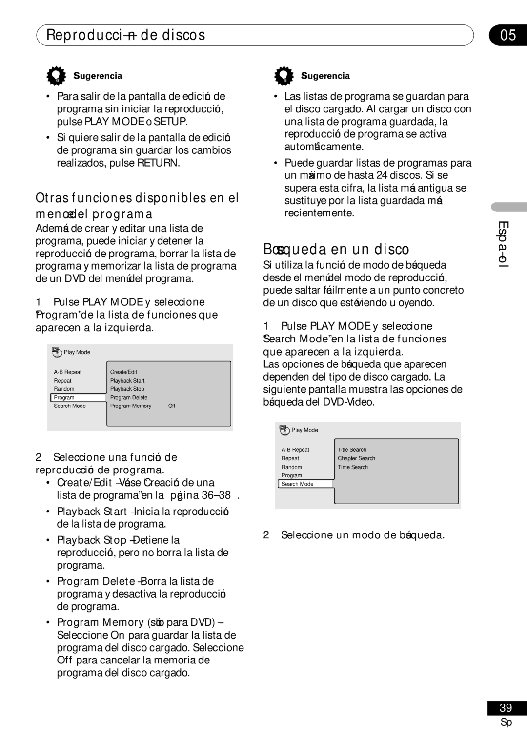 Pioneer VRD1160-A operating instructions Búsqueda en un disco, Otras funciones disponibles en el menú del programa 