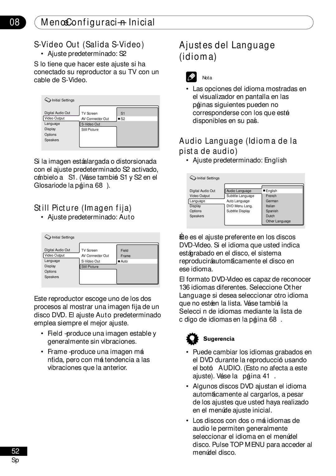 Pioneer VRD1160-A operating instructions Ajustes del Language idioma, Video Out Salida S-Video, Still Picture Imagen fija 