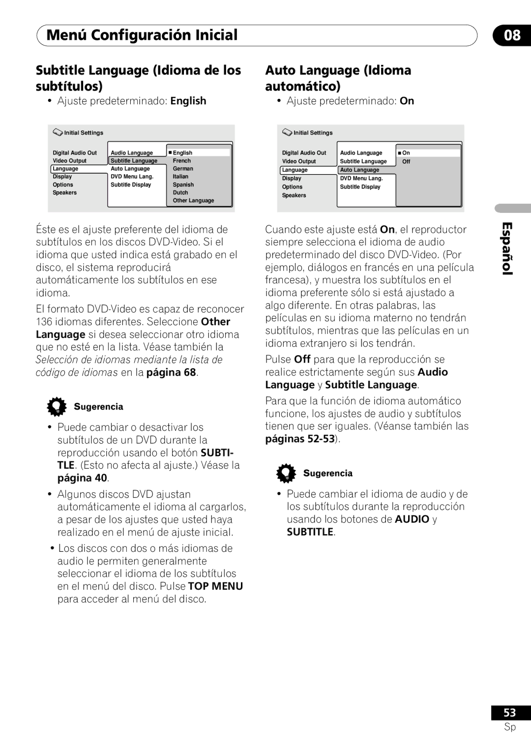 Pioneer VRD1160-A operating instructions Subtitle Language Idioma de los subtítulos, Auto Language Idioma automático 