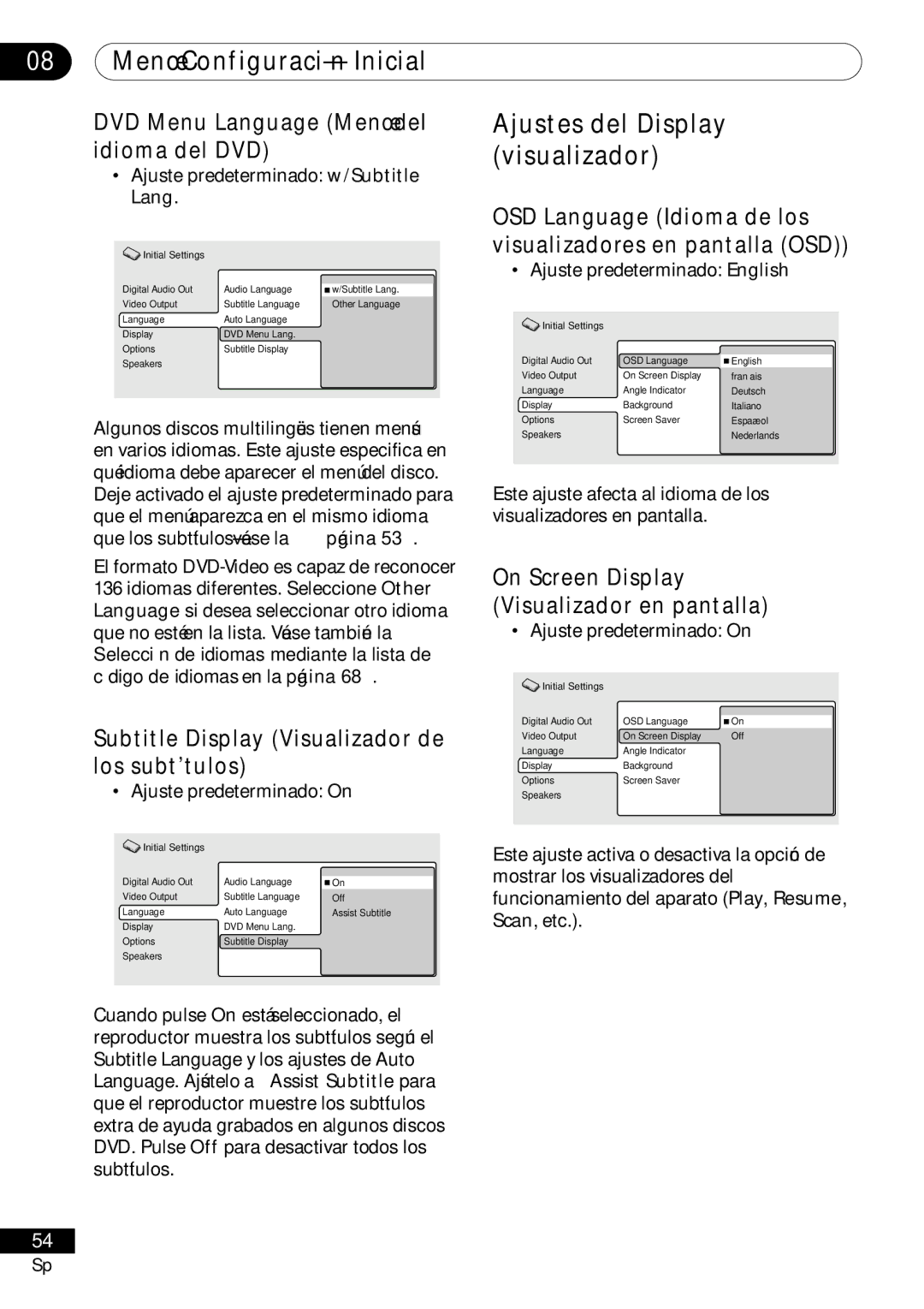 Pioneer VRD1160-A operating instructions Ajustes del Display visualizador, DVD Menu Language Menú del idioma del DVD 