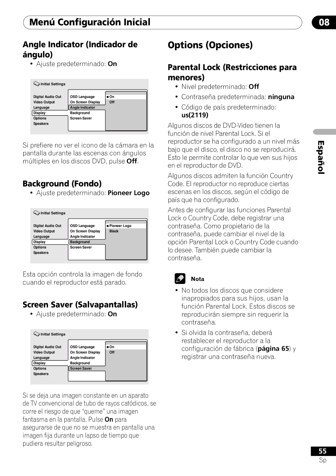 Pioneer VRD1160-A Options Opciones, Angle Indicator Indicador de ángulo, Background Fondo, Screen Saver Salvapantallas 