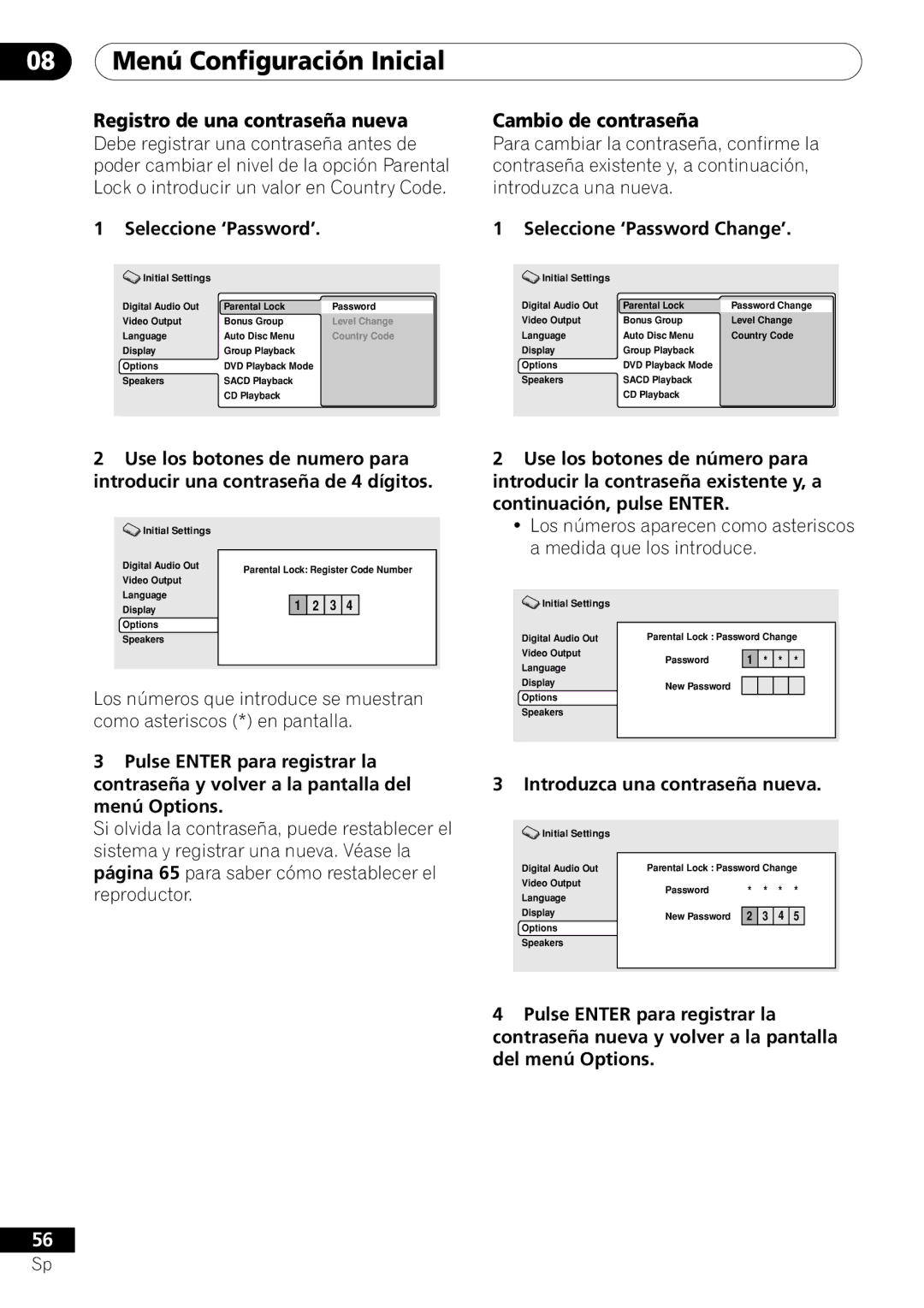 Pioneer VRD1160-A Seleccione ‘Password’, Seleccione ‘Password Change’, Introduzca una contraseña nueva 