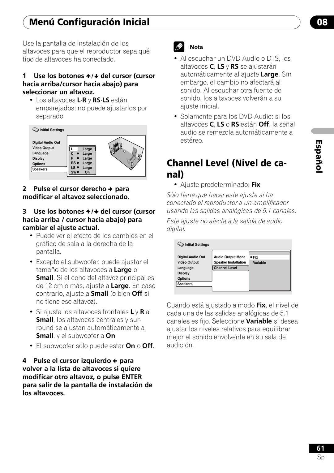 Pioneer VRD1160-A operating instructions Channel Level Nivel de ca- nal, Ajuste predeterminado Fix 