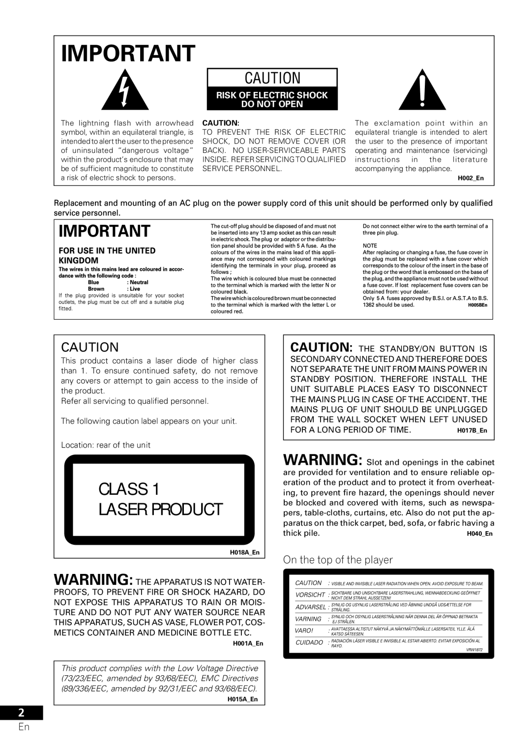 Pioneer VRD1160-A operating instructions On the top of the player, Risk of Electric Shock Do not Open 