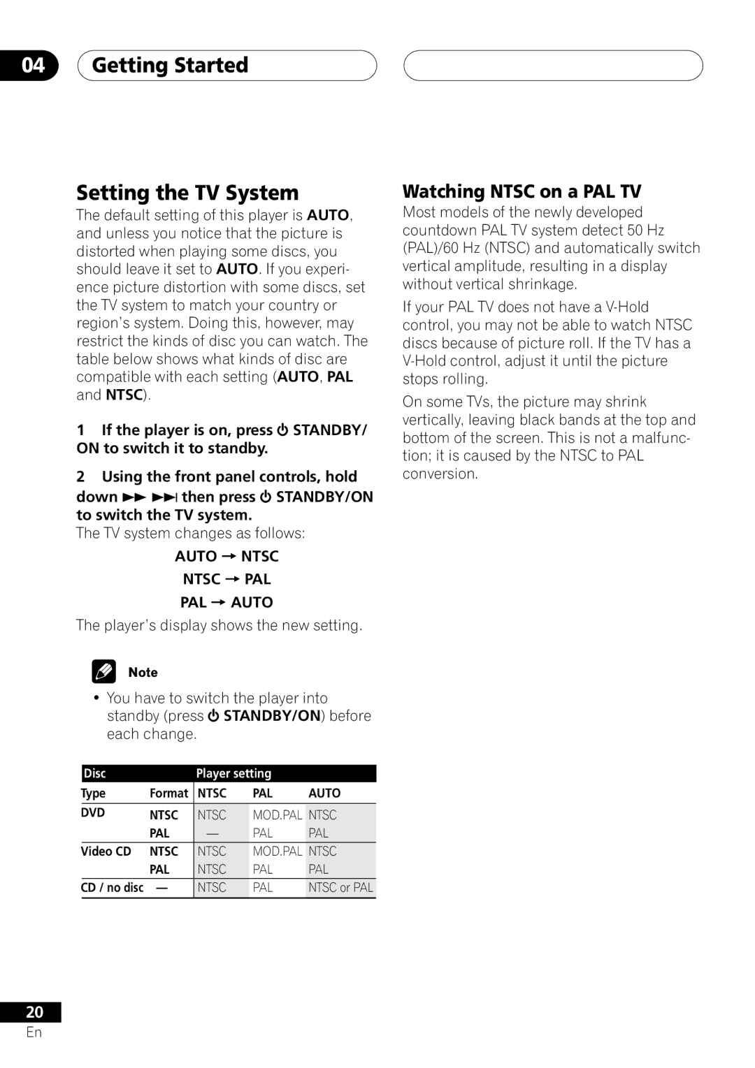 Pioneer VRD1160-A Getting Started Setting the TV System, Watching Ntsc on a PAL TV, TV system changes as follows 