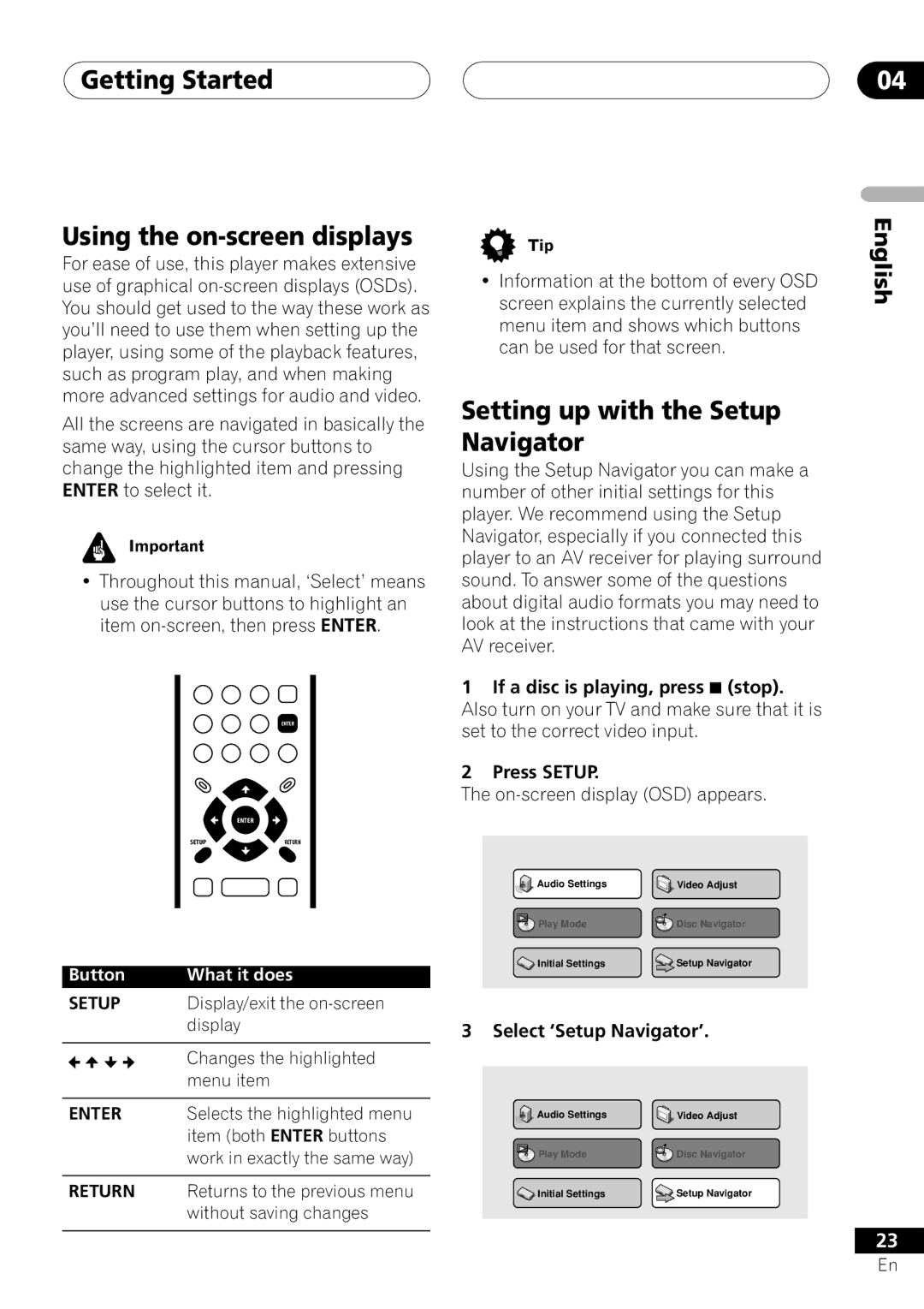 Pioneer VRD1160-A operating instructions Getting Started Using the on-screen displays, Setting up with the Setup Navigator 