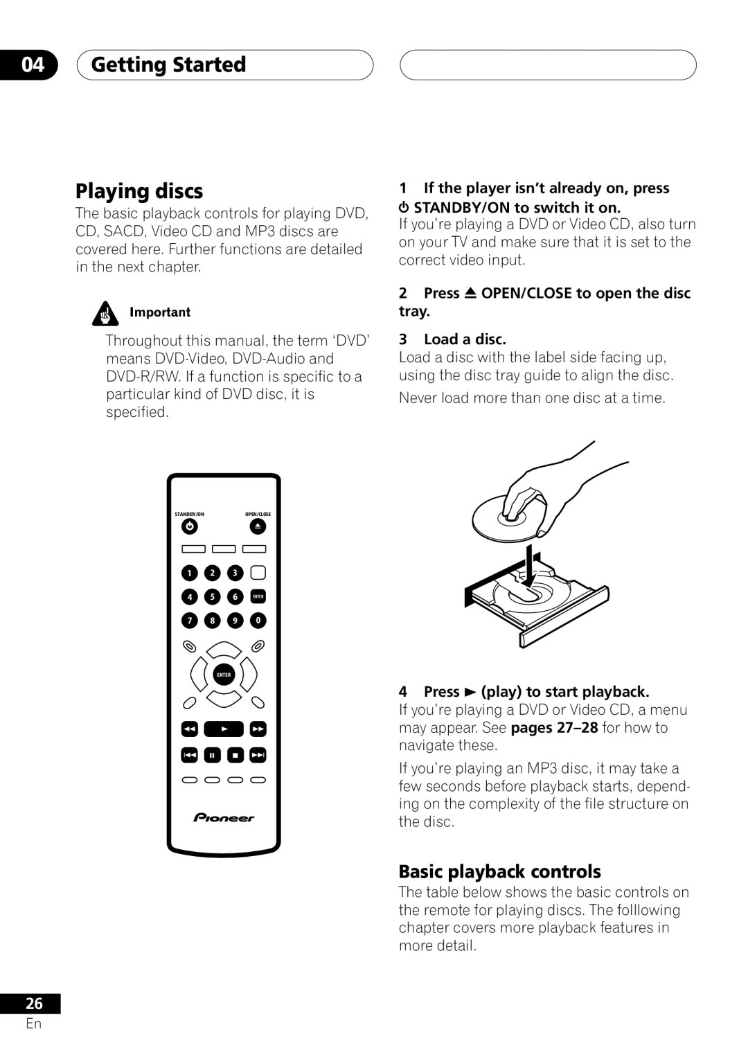 Pioneer VRD1160-A Getting Started Playing discs, Basic playback controls, Press 3 play to start playback 