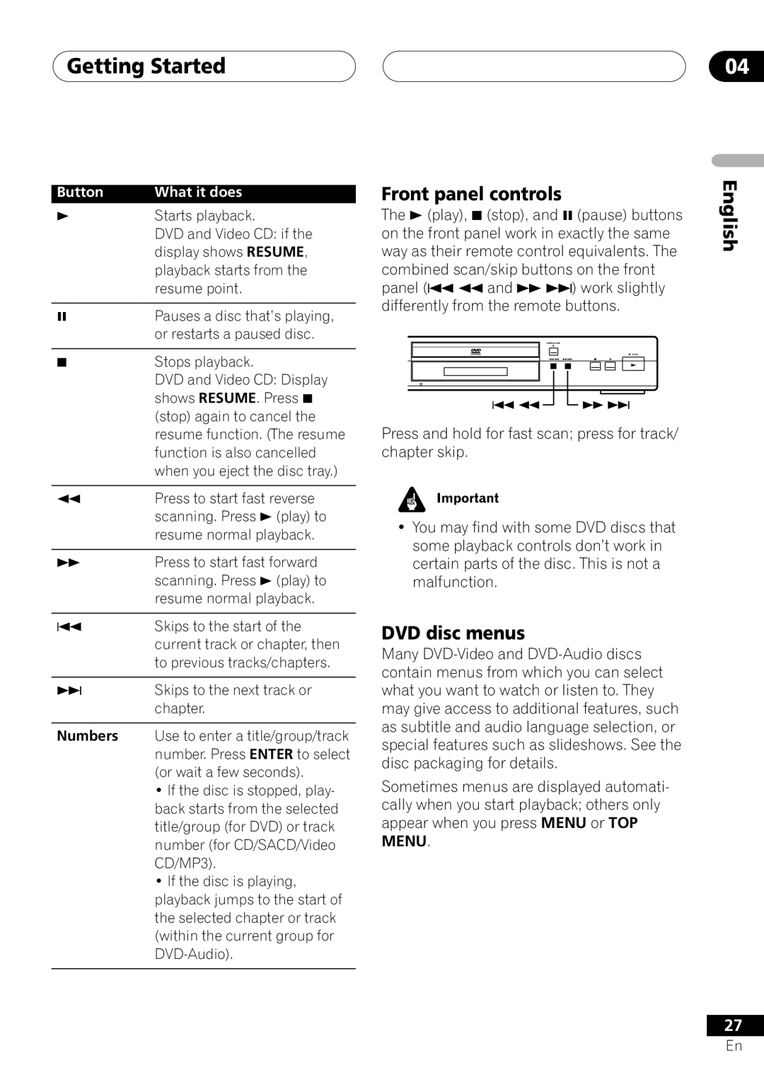 Pioneer VRD1160-A Front panel controls, DVD disc menus, Stops playback, ¢ Skips to the next track or chapter 