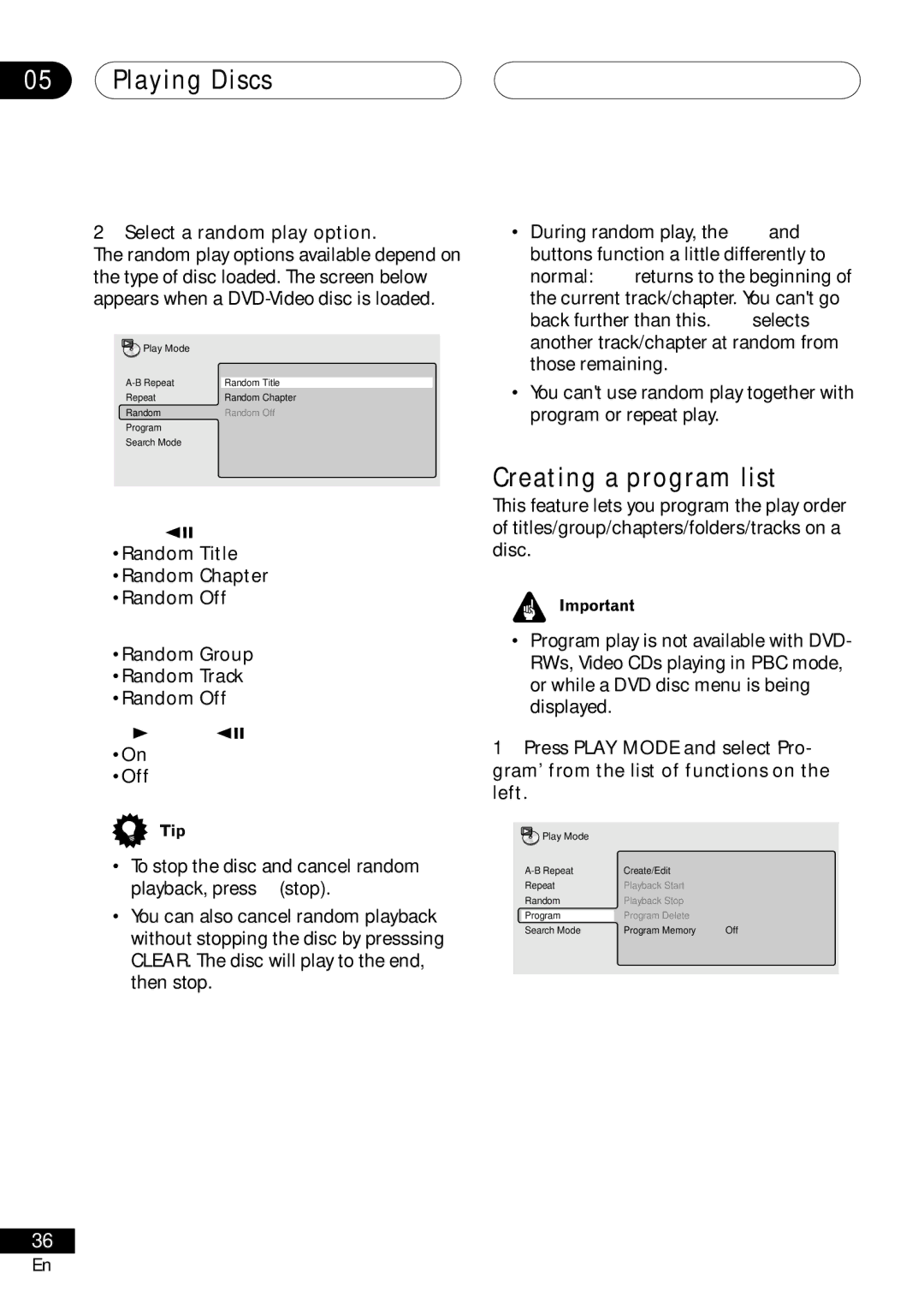 Pioneer VRD1160-A Creating a program list, Select a random play option, Random Title Random Chapter Random Off 