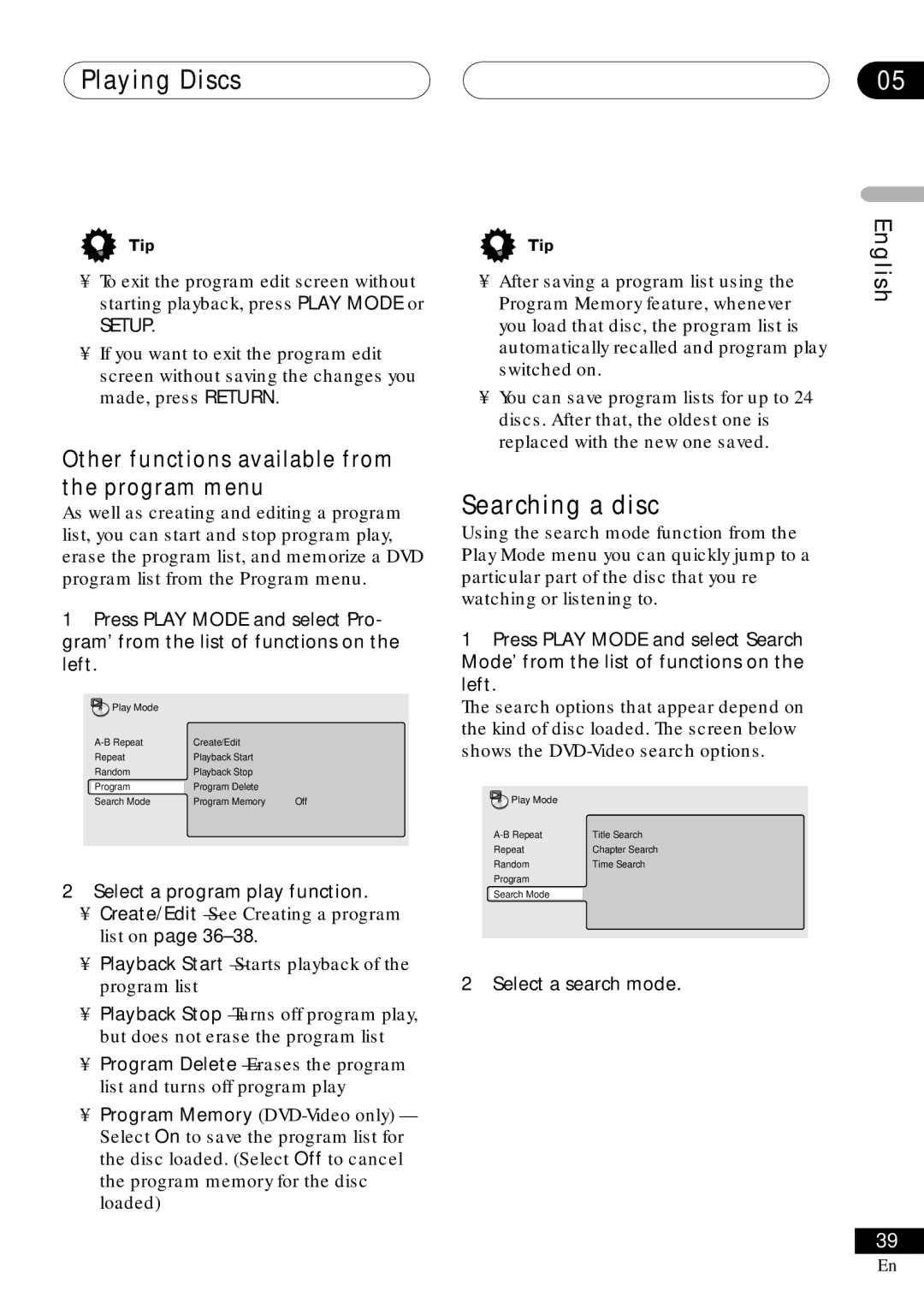 Pioneer VRD1160-A Searching a disc, Other functions available from the program menu, Select a program play function 