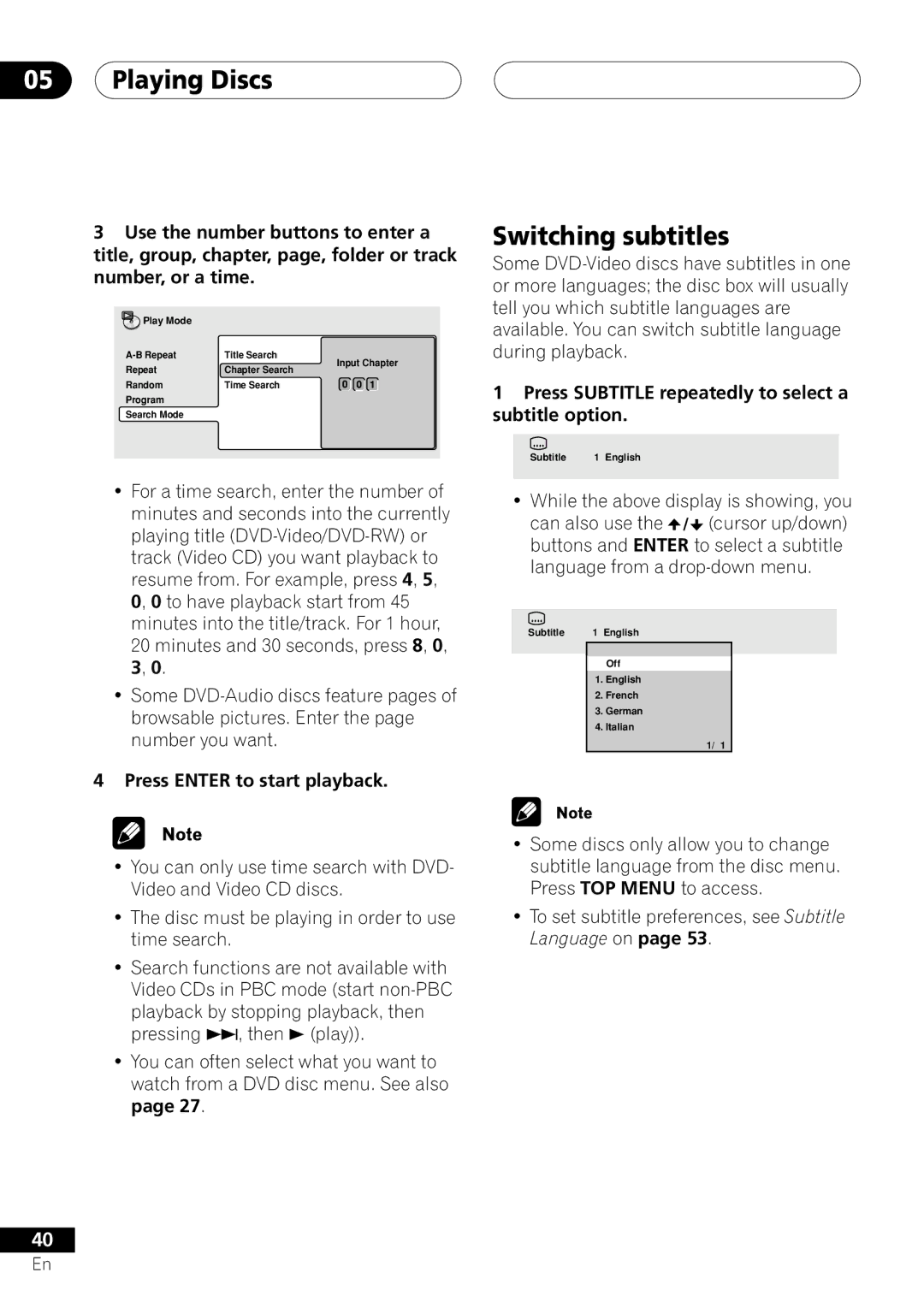 Pioneer VRD1160-A operating instructions Switching subtitles, Press Enter to start playback 