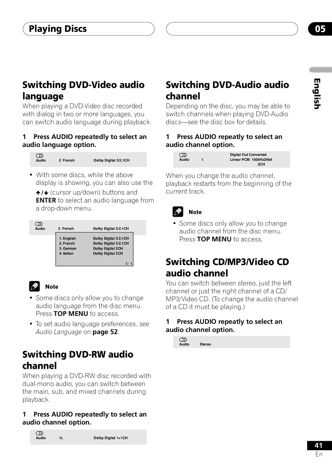 Pioneer VRD1160-A operating instructions Playing Discs Switching DVD-Video audio language, Switching DVD-RW audio channel 