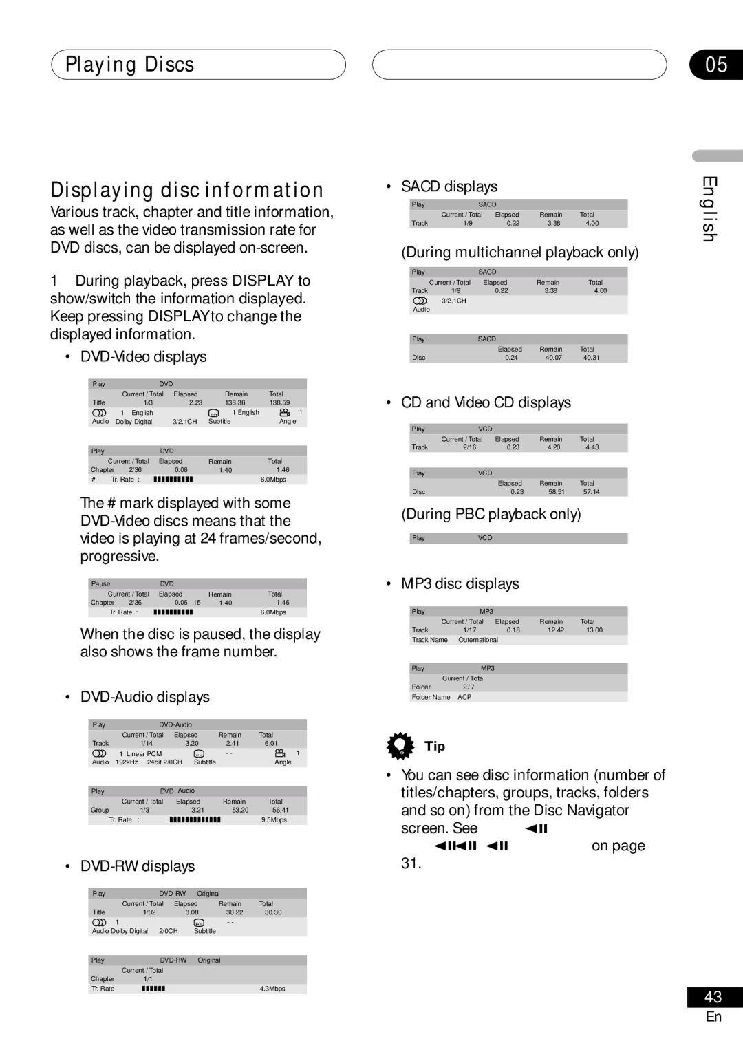 Pioneer VRD1160-A operating instructions Playing Discs Displaying disc information 