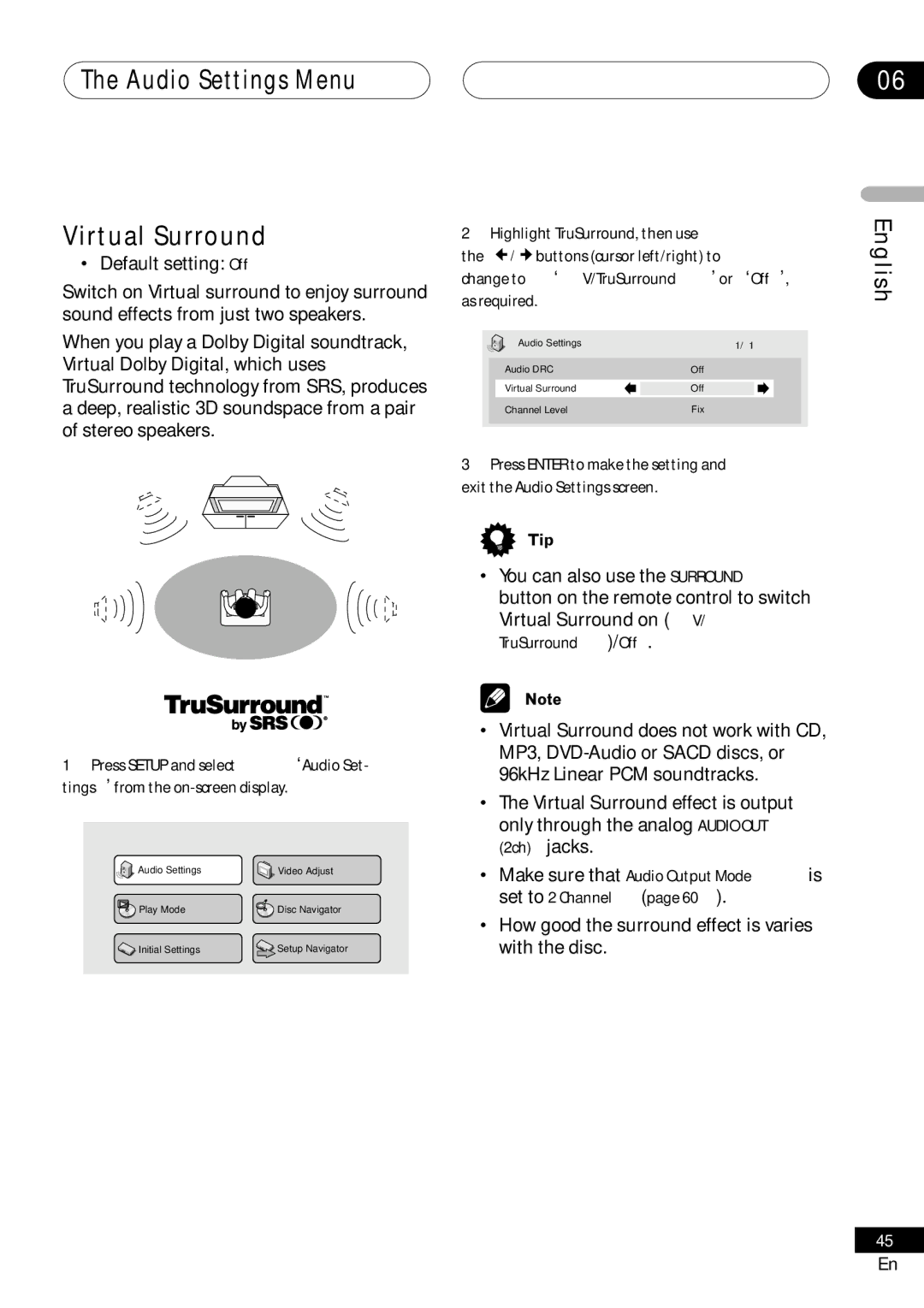 Pioneer VRD1160-A operating instructions Audio Settings Menu Virtual Surround, English 