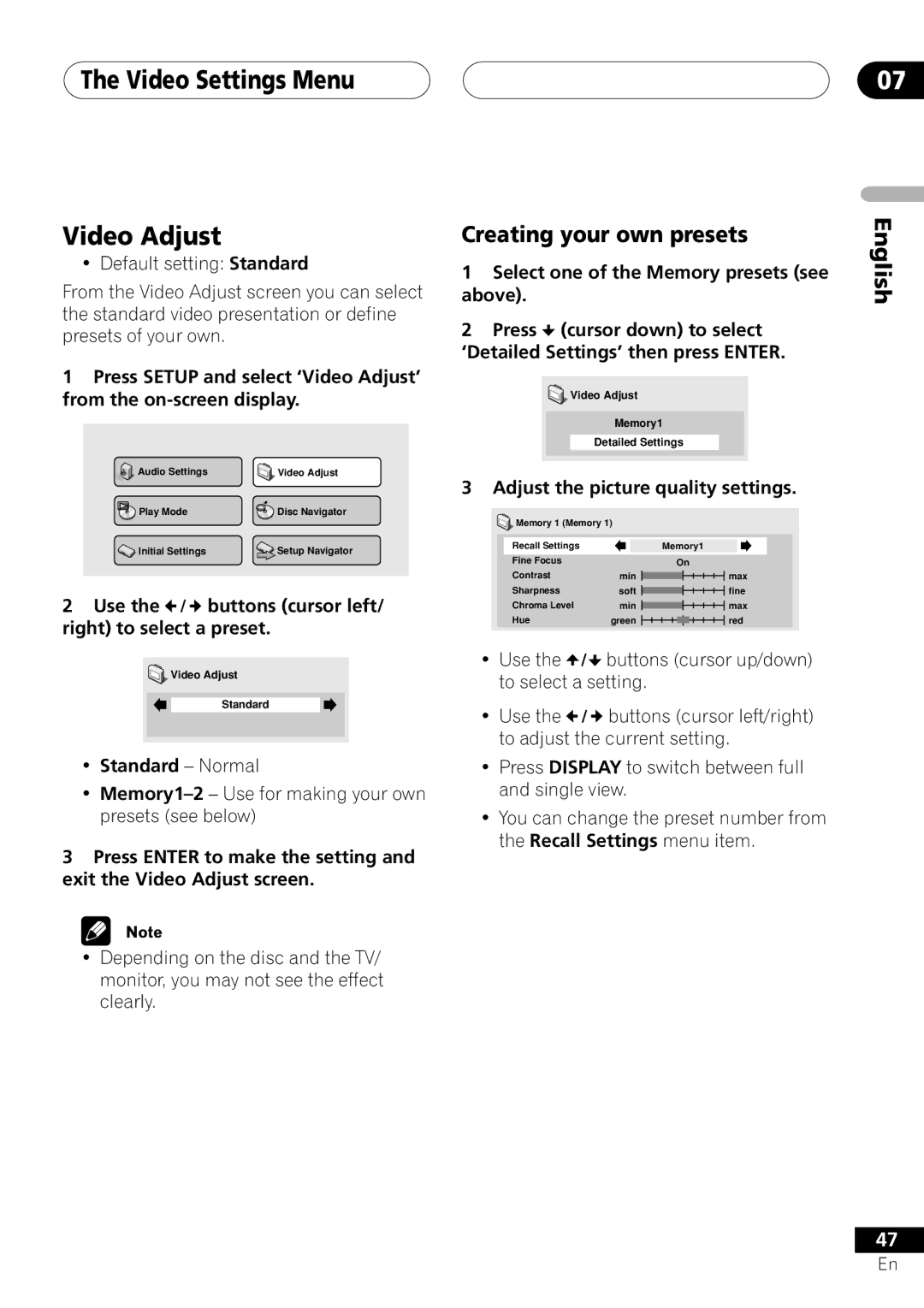 Pioneer VRD1160-A operating instructions Video Settings Menu Video Adjust, Creating your own presets 