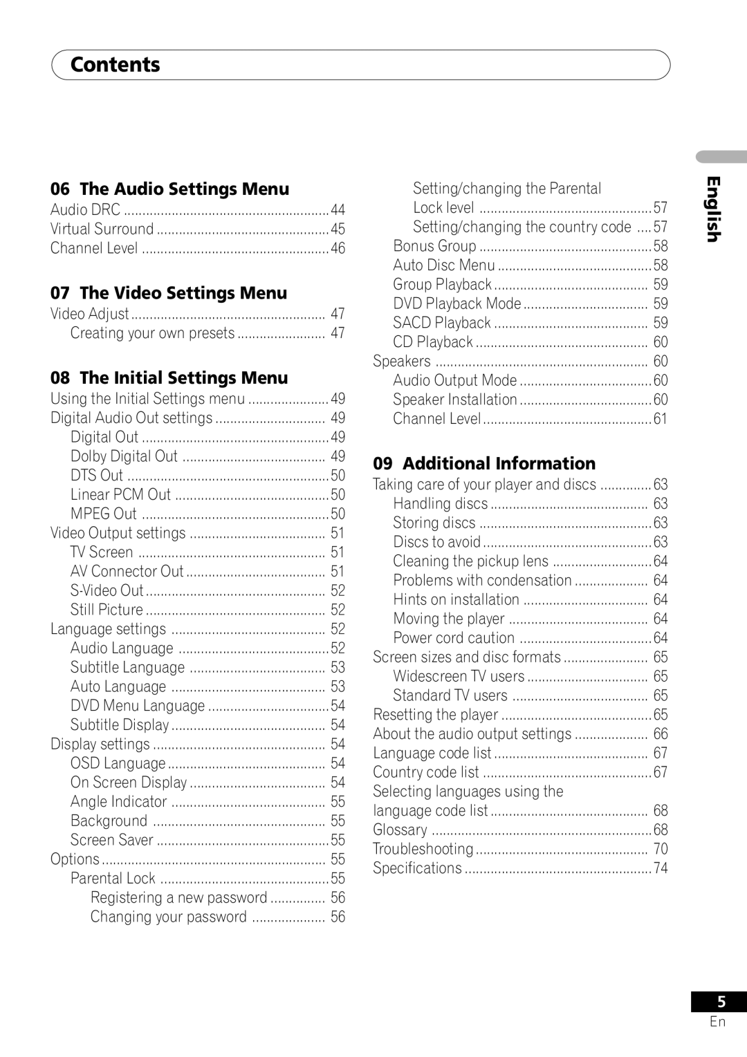 Pioneer VRD1160-A Audio Settings Menu, Video Settings Menu, Initial Settings Menu, Additional Information 