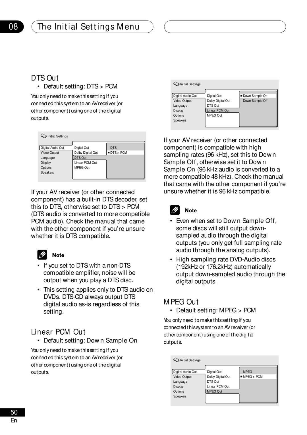 Pioneer VRD1160-A operating instructions Initial Settings Menu, DTS Out, Linear PCM Out, Mpeg Out 