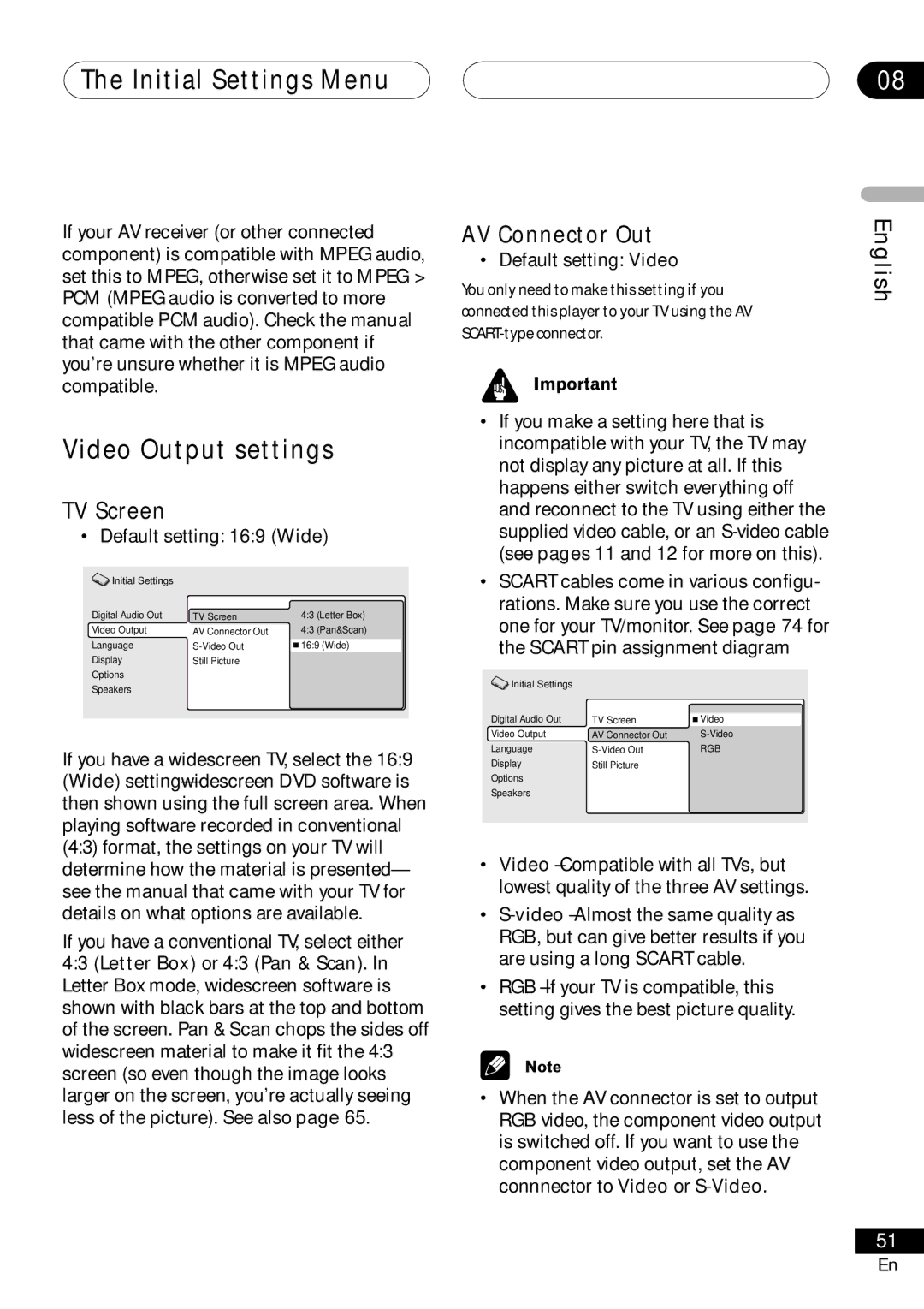 Pioneer VRD1160-A Video Output settings, TV Screen, AV Connector Out, Default setting 169 Wide, Default setting Video 