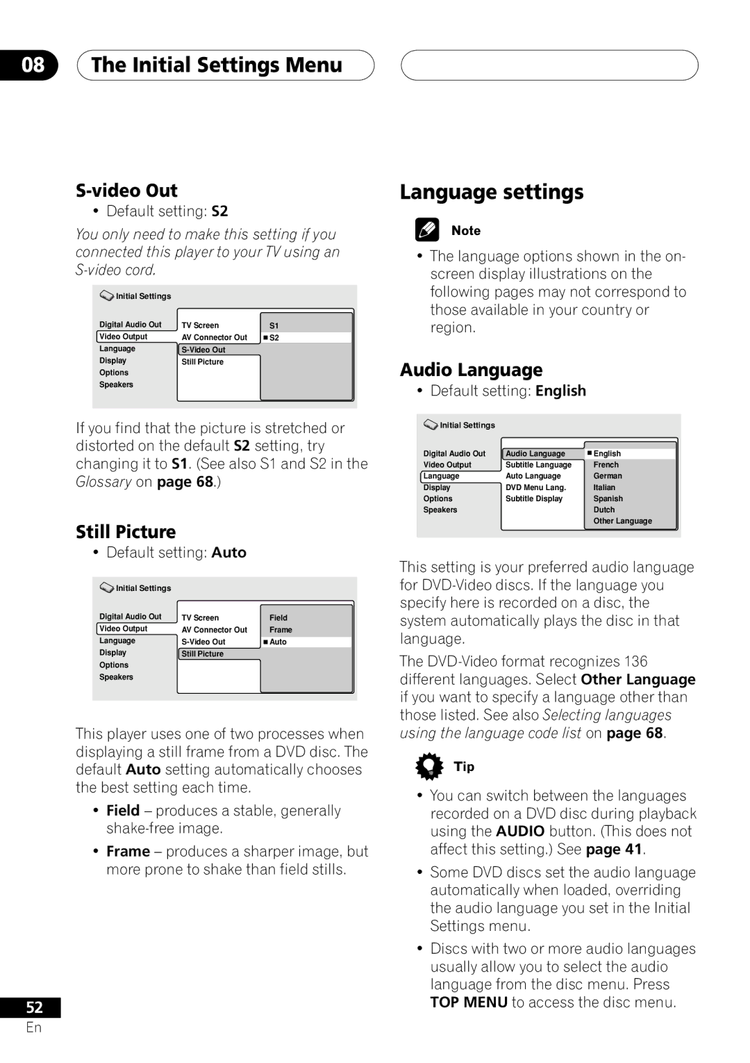 Pioneer VRD1160-A operating instructions Language settings, Video Out, Still Picture, Audio Language 