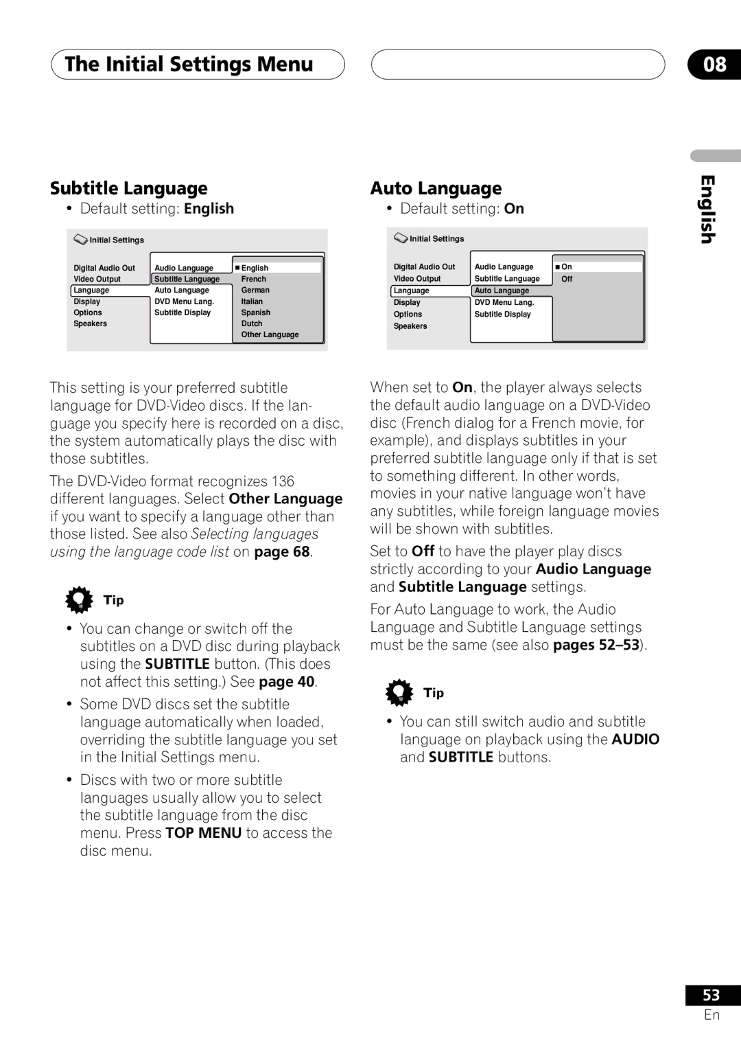 Pioneer VRD1160-A operating instructions Subtitle Language Auto Language, Default setting English Default setting On 